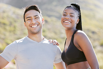 Image showing Fitness, nature and couple happy to workout in outdoor adventure trail. Sports, exercise and man and black woman train in sun together. Wellness, health and runner and personal trainer smile in park.