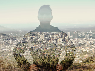 Image showing Overlay of man, double exposure of city and forest standing confident in urban town or nature. Portrait, runner and fitness training multiple exposure pose, workout or exercise wellness motivation.