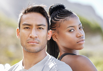 Image showing Fitness, challenge and black woman with personal trainer ready for a cardio exercise, training and workout outdoors. Motivation, healthy and Asian runner with his African partner in nature in summer