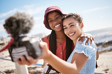 Image showing Women friends, influencer and summer selfies on live streaming holiday, beach travel and video podcast for social media in Miami Florida. Happy gen z young people taking photos at promenade outdoors