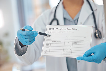 Image showing Woman, doctor and covid vaccine card for hospital compliance, travel law and government healthcare check. Zoom, medical worker hands and virus certificate, insurance safety or medicine paper passport