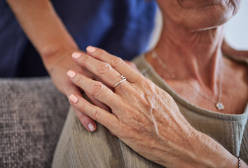 Image showing Senior, hands and care for love, support in mature health and generations indoors at home. Hand of a elderly lady holding caregiver in trust, comfort and reliable gentle embrace and respect for elder