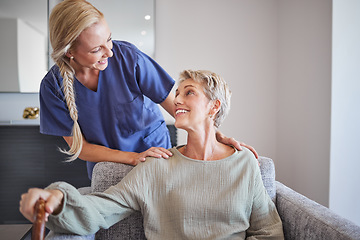 Image showing Nurse, healthcare and retirement with a senior woman and carer in a home for health, care and wellness. Medical, insurance and assisted living with an eldery female patient and a caregiver inside