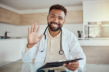 Image showing Doctor, video call and consultant in telehealth of a black man in healthcare, diagnosis or medical advice. Portrait of a African male health expert in online consultation for checkup or appointment