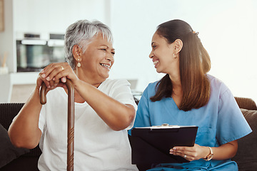 Image showing Senior care, healthcare insurance and caregiver woman sitting with elderly woman patient laughing and talking while enjoying retirement home. Old lady and female nurse hospice with health check form