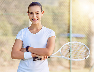 Image showing Tennis player, woman portrait and sports match of happy athlete with racket and positive mindset outdoor court practice, training or exercise. Female ready for fitness motivation, competition or game