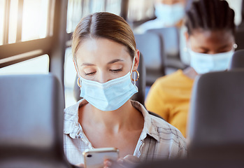 Image showing Covid, travel and woman with mask on bus with phone with, social media, communication or networking on transport. Girl, digital or mobile app for safety compliance, health or 5g network or smartphone