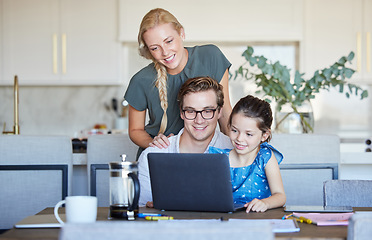 Image showing Family, laptop and distance learning child or parent working from home on internet for educational games or remote work at home table. Mother, father and a little girl with wifi to enjoy subscription