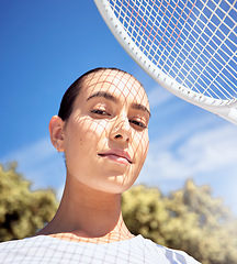 Image showing Tennis racket, face and shadow on sports woman with motivation, wellness goals and winner mindset. Portrait of fitness person on court for exercise, workout and training for professional competition