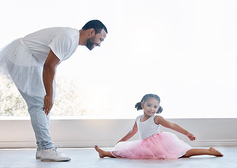 Image showing Ballerina girl, father and daughter dancing for fun and learning ballet dance and bonding at home. Happy man and child playing and spending time together wearing tutu for lesson and family activity