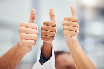 Image showing Yes, success or thank you thumbs up hand sign of workers happy about work goal or target completion. Winner, teamwork agreement or team win of business people with diversity and motivation together