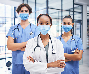 Image showing Team of medical doctors, covid hospital healthcare response and cardiology staff diversity. Corona virus disease clinic, young professional nurse and proud expert surgeon in protection face mask