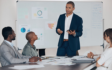 Image showing Corporate man leadership, tablet presentation and business meeting for analysis, workshop planning and office teamwork mentor. Manager talking, training and discussion for vision, strategy and ideas