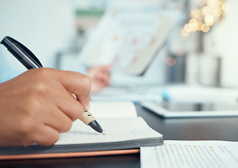 Image showing Business woman, hand and notebook writing in marketing planning, target audience research and kpi data analysis in office. Zoom on employee, worker and brand manager with paper documents and schedule