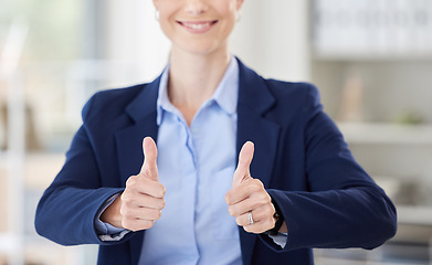 Image showing Thank you, thumbs up and success business woman with yes, support and motivation for achievement in office. Portrait of girl worker with hand gestures for winner, great work and job well done