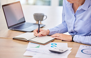 Image showing Notebook, manager and business woman writing in book with financial, KPI and schedule planning in office. Strategy, tax and brainstorming idea for innovation, creative and economy data or growth.