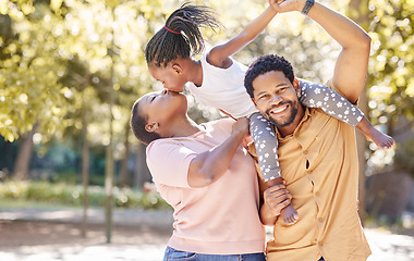 Image showing Happiness, walking and park with black family together for summer holiday, freedom and love. Nature, vacation and happy family with child on father shoulders in the countryside walk for fun break