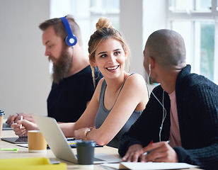 Image showing College students in class young woman discussing group project with friend brainstorming ideas together enjoying teamwork