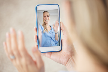 Image showing Video call, phone screen and ui woman waving hello for greeting during zoom video conference with 5g mobile network connection and distance chat. Happy, smile and online communication technology app