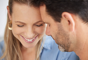 Image showing Love, family and couple in their home together, married and sharing intimate moment. Portrait of romantic, smiling and loving man and woman in happy marriage touching foreheads, face and eyes closed