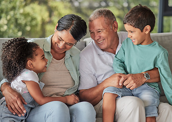 Image showing Happy family, grandparents and children on sofa for quality time, growth and social development in a home. Happiness, love and care of senior or elderly people with kids talking and bonding together