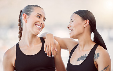 Image showing Sports, fitness and couple women or personal trainer and client for support, motivation and teamwork at outdoor morning exercise with lens flare. Athlete people friends in workout training together