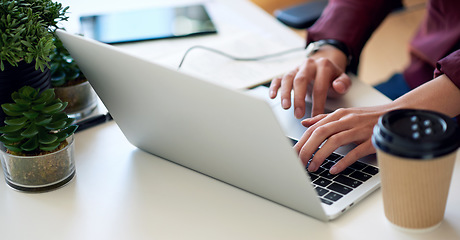 Image showing Laptop, office and business woman hands typing on keyboard for email, internet search or copywriting in marketing or social media management. Productivity and person with tech website administration