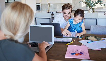 Image showing Laptop screen, work from home with family, parents and children for productivity, work life balance and learning together at table. Remote work of business woman mother with father and kid drawing