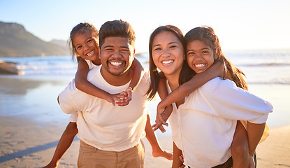 Image showing Family, beach vacation and smile of kids and parents having fun during piggyback ride game on summer travel holiday. Portrait of man, woman and girl children together for bonding trip in Indonesia