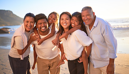 Image showing Big family, beach vacation and bonding of kids with parents and grandparents on travel holiday and trip to Indonesia with love and smile. Portrait of men, women and girl children of multi generation