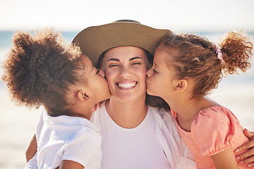 Image showing Love, happy family and girl with mother at beach, kissing and bonding on a summer holiday in Mexico together. Travel, children and fun in Florida with parent enjoying freedom and affection with kids