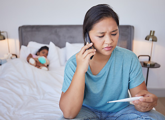 Image showing Mother phone call doctor for sick child, virus and fever in bedroom at home. Worried Taiwan parent consulting mobile healthcare for hot temperature thermometer of kid, medical help and covid risk