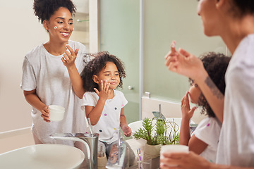 Image showing Family, skincare and love with mom and girl with facial product in bathroom mirror together for beauty, cosmetics or luxury. Wellness, happy and morning with Brazil mother and child with face cream