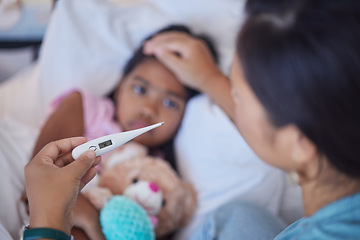 Image showing Medical home thermometer, mother check sick child and .check results of girl covid virus in india. Nursing healthcare diagnosis, stay in bedroom with fever flu and woman touching warm forehead of kid