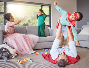 Image showing Family, parents and play costume with children for fun bonding and entertainment in home together. Excited, happy and young mother and father enjoy fantasy role play weekend game with kids.