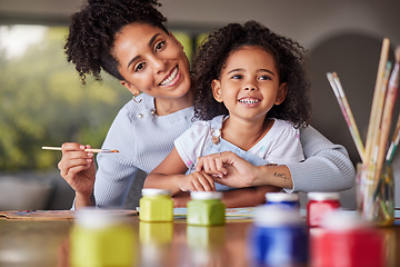 Image showing Painting, girl and mother bonding in creative art activity in home or house for school, learning and education project. Portrait, smile and happy Brazilian mom helping family child in fun color class