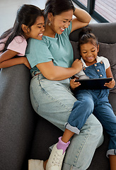 Image showing Relax, mother and streaming on tablet with children for entertainment on sofa in cozy family home. Philippines mom bonding with young kids watching internet cartoon together on video app.