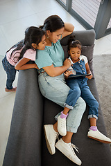 Image showing Family tablet, sofa relax and mother on the internet with children, happy with subscription service show on tech and happy with games on web in house. Sisters watching video on technology with mom