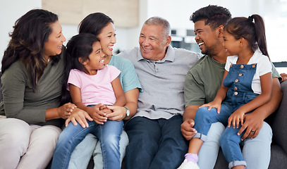 Image showing Happy, relax and love with big family on sofa together for health, lifestyle and community. Smile, support and trust with children, parents and grandparents sitting in living room at home