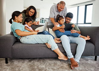 Image showing Family, children and technology with a kids, grandparents and parents streaming in the living room. Girl, sister and senior relatives watching an online subscription service together in their home