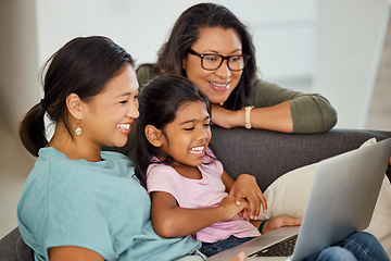 Image showing Family, children and laptop with a girl, mother and grandmother streaming an online subscription service in the house. Love, computer and visit with a senior woman, daughter and granddaughter at home