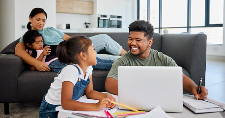 Image showing Happy, family and fun learning in education with technology together in living room bonding happiness at home. Parents sitting with kids teaching, relaxing and homeschooling with fun smile for work