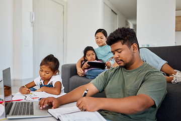 Image showing Family, children and education with a father working from home and his daughter doing homework for school. Learning, remote work and studying with a young girl and her dad busy in the living room