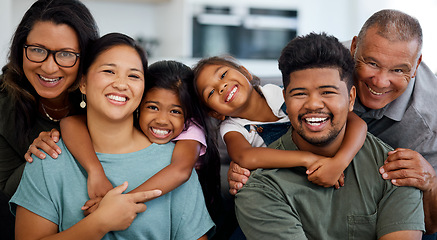 Image showing Portrait, love and big family in New Zealand happy to enjoy quality time, bonding and hugging on a weekend together. Senior grandparents, mother and father smiling with children on a sofa on holiday