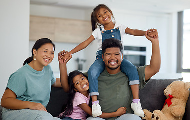 Image showing Relax, portrait and happy family in New Zealand love to enjoy the weekend, quality time and having fun together. Happiness, children and sisters smiling with a proud mom and playful father at home