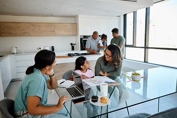 Image showing Relax, family and grandparents with kids in kitchen together to bond with small grandchildren. Young and senior Filipino relatives enjoy rest with children in positive, happy and caring home.