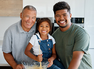 Image showing Family baking, food portrait and girl cooking with grandparent and father, happy in the kitchen together and preparing lunch with love in house. Child, dad and elderly person with smile making dinner