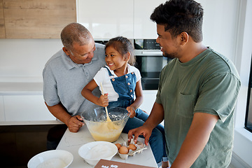 Image showing Family, love and cooking with a girl, father and grandfather baking together in the kitchen of their home. Food, learning and teaching with a daughter, dad and grandad preparing a meal in a house