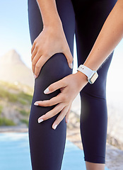 Image showing Knee pain, fitness or sport woman with muscle or leg injury for exercise, workout or running training in Cape Town. Runner, wellness and athlete with medical emergency or knee joint in health sports