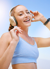 Image showing Woman, fitness or music headphones in workout, training or exercise motivation for wellness goals. Portrait, smile or happy personal trainer listening to health podcast, fitness radio or sports audio